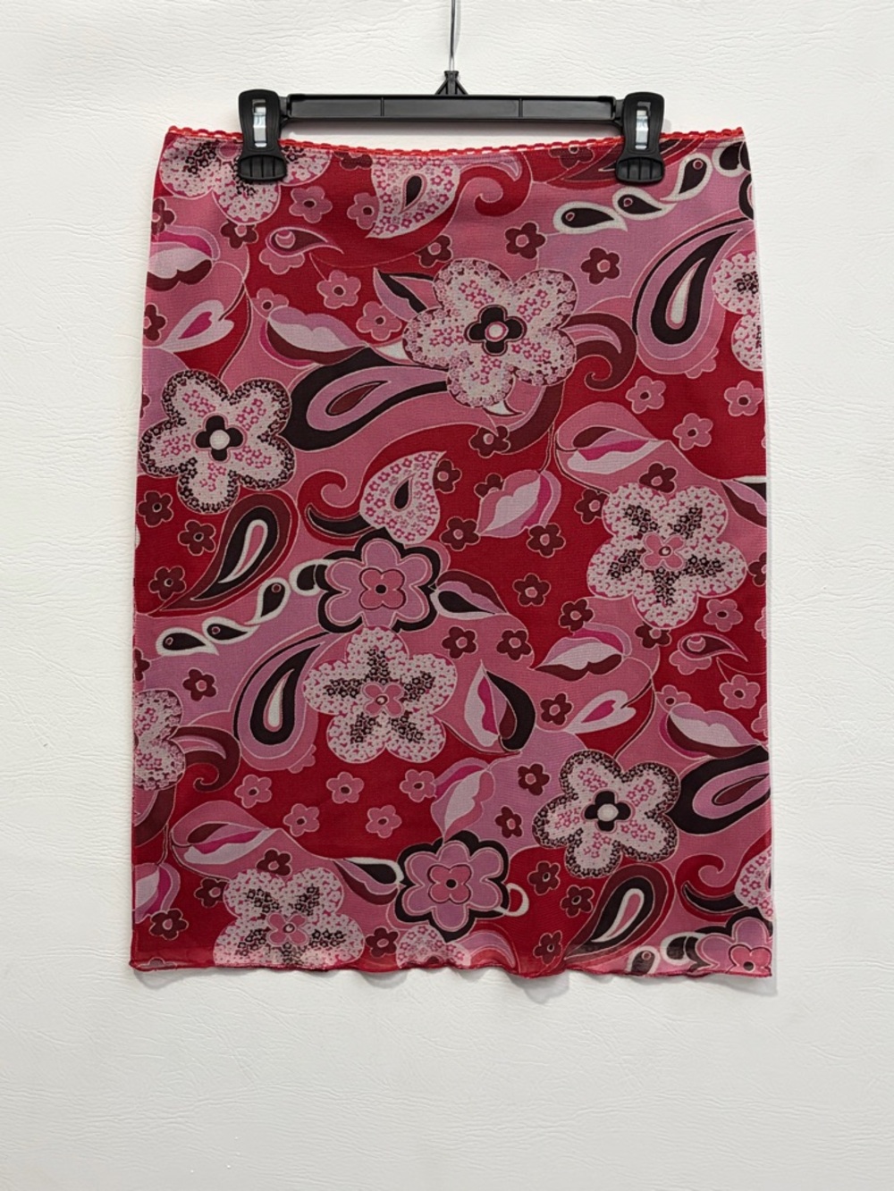 Floral Paisley Y2K 90s Red and Pink Sheer Lace Trim Midi Skirt Medium